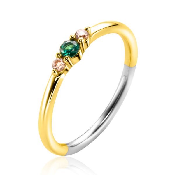 Zinzi zilveren ring geel verguld groen/roze kleurstenen ZIR2562